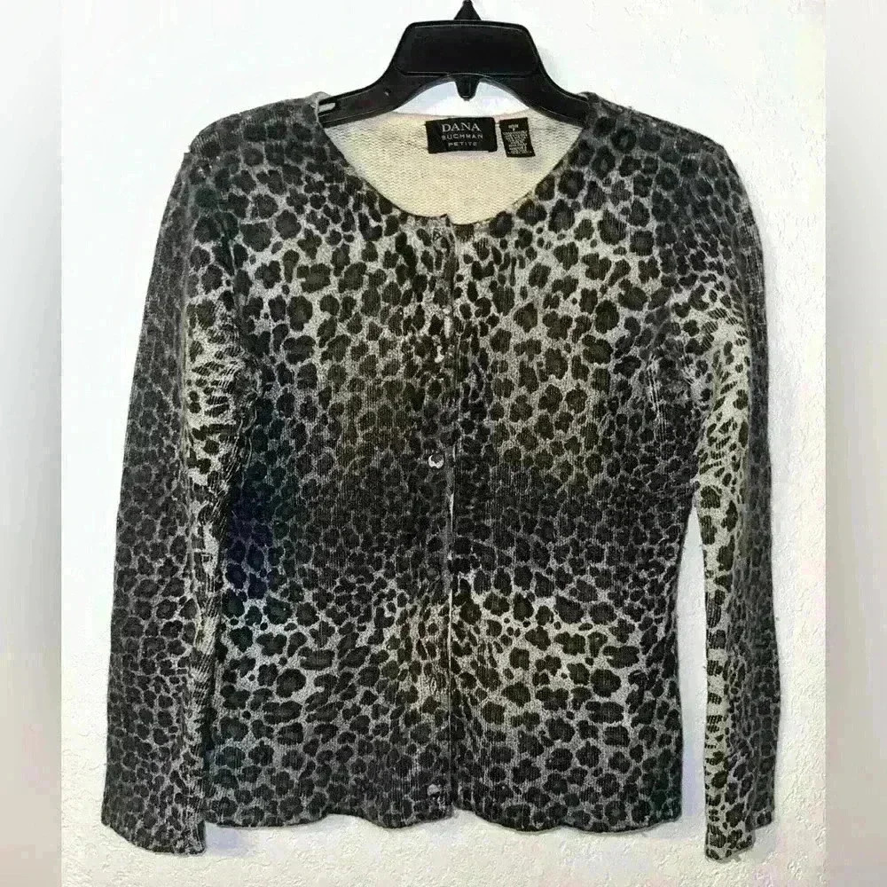 Women's Dana Buchman Leopard Animal Print Full Zip Wool Blend Cardigan Sweater P